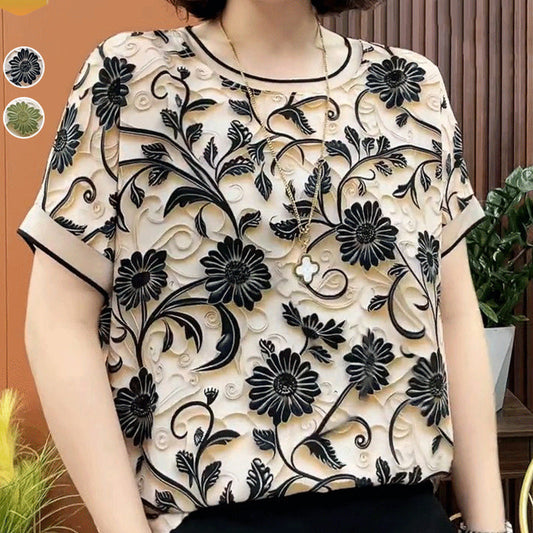 Elegant 3D floral gât rotund cu mânecă scurtă top