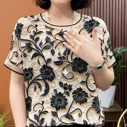 Elegant 3D floral gât rotund cu mânecă scurtă top